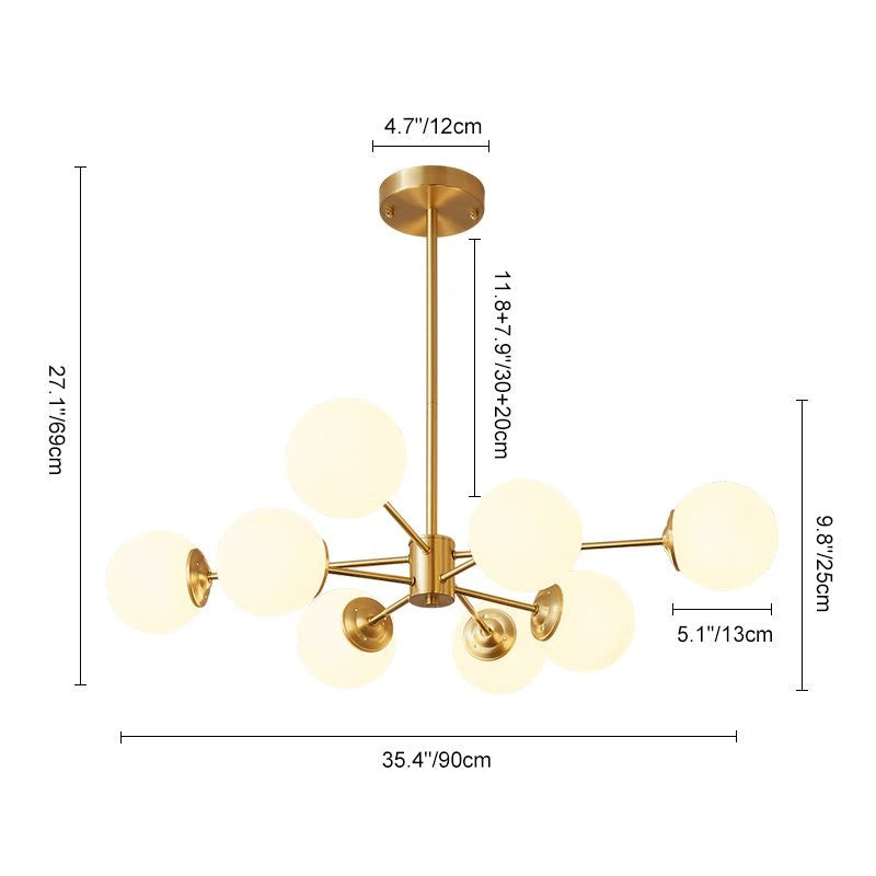 Modern Milky White Glass Bubble Chandelier Opal Glass Globe Sputnik Pendant Light with Glod Metal Frame