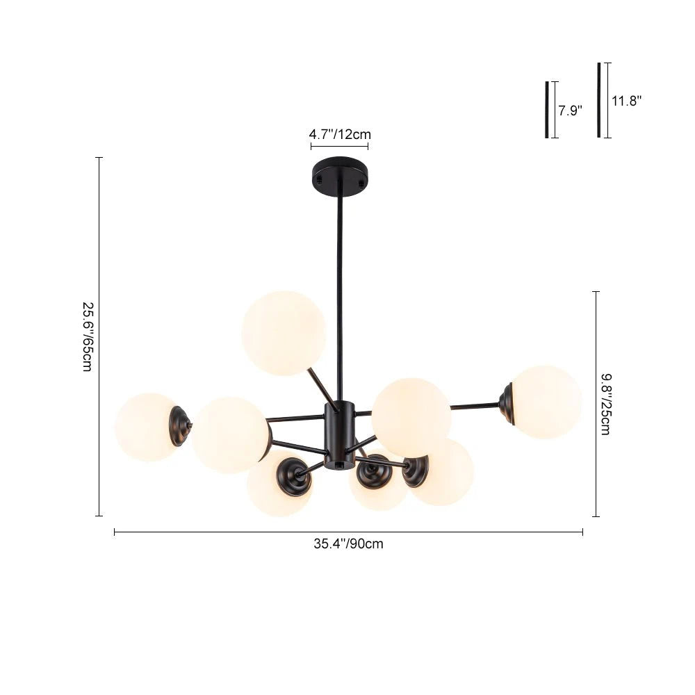 Modern Milky White Glass Bubble Chandelier Opal Glass Globe Sputnik Pendant Light with Black Metal Frame