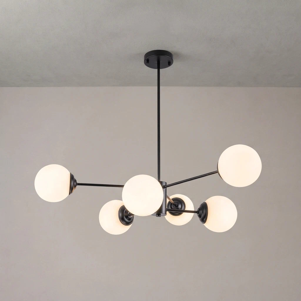 Modern Milky White Glass Bubble Chandelier Opal Glass Globe Sputnik Pendant Light with Black Metal Frame