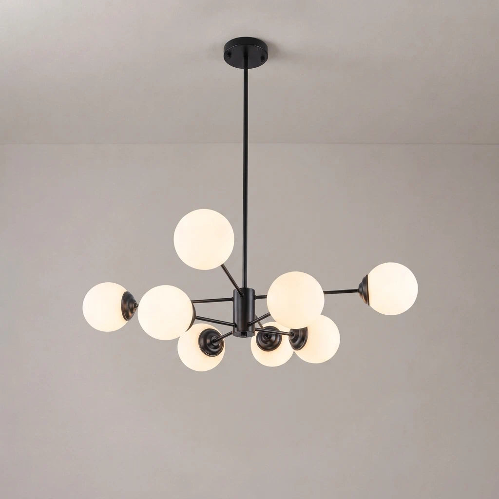 Modern Milky White Glass Bubble Chandelier Opal Glass Globe Sputnik Pendant Light with Black Metal Frame