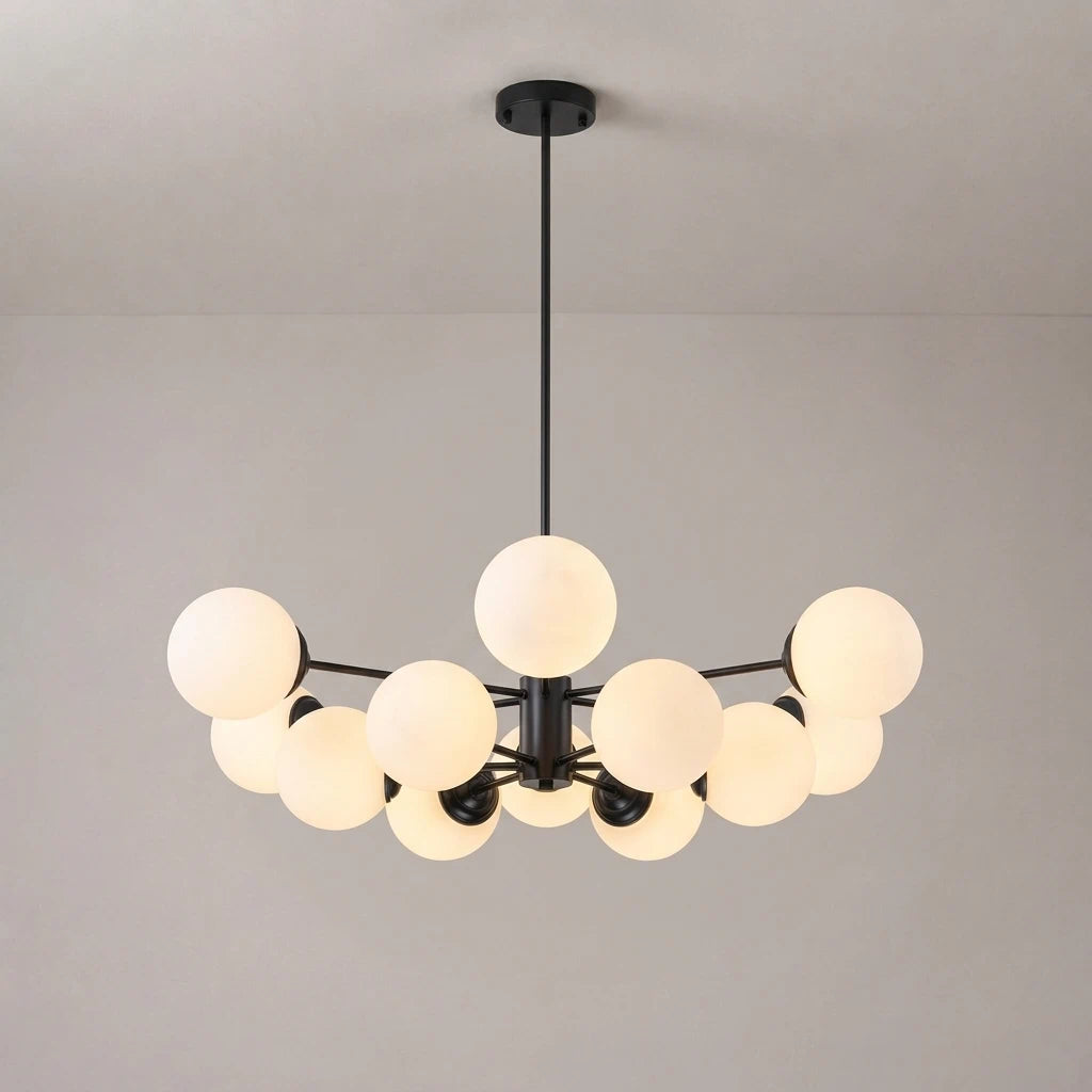 Modern Milky White Glass Bubble Chandelier Opal Glass Globe Sputnik Pendant Light with Black Metal Frame