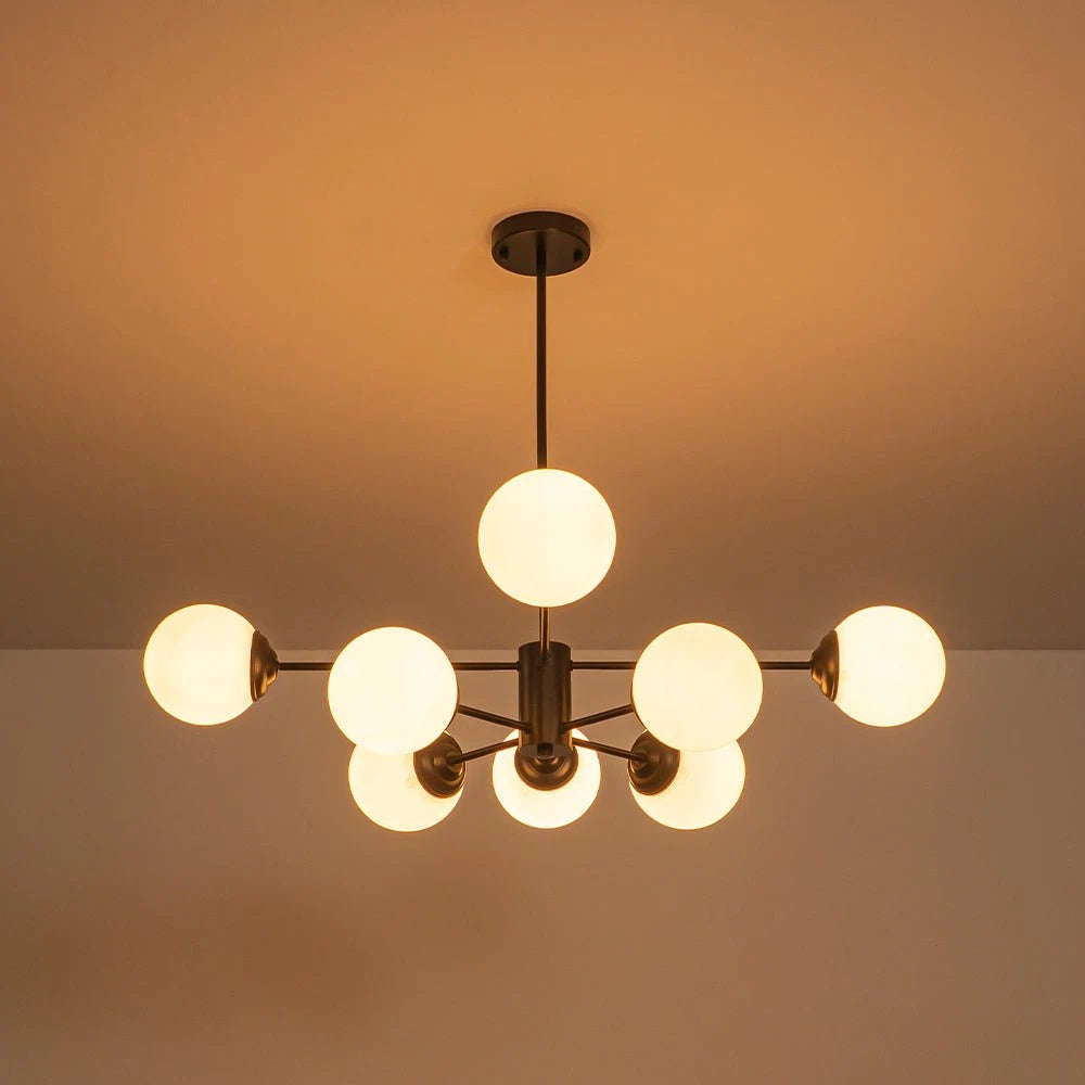 Modern Milky White Glass Bubble Chandelier Opal Glass Globe Sputnik Pendant Light with Black Metal Frame
