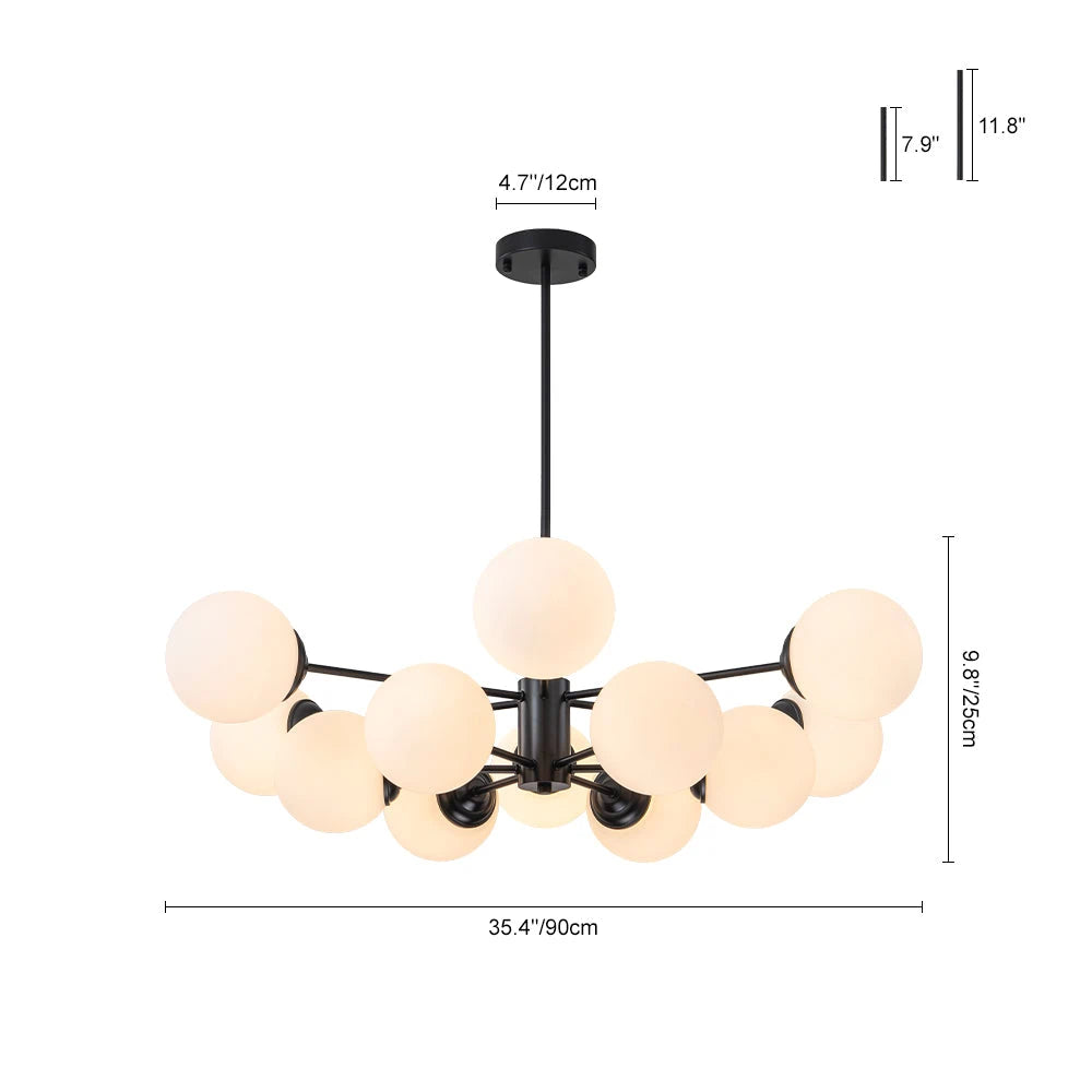 Modern Milky White Glass Bubble Chandelier Opal Glass Globe Sputnik Pendant Light with Black Metal Frame