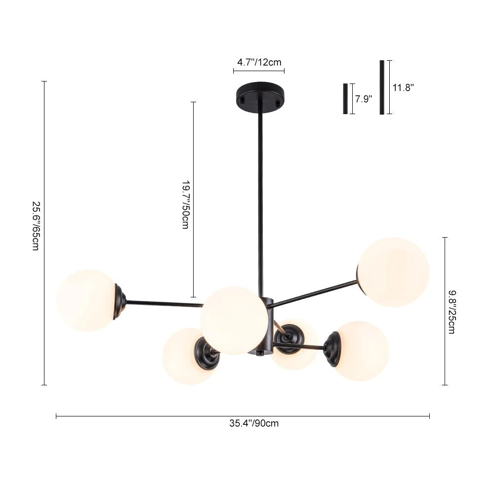 Modern Milky White Glass Bubble Chandelier Opal Glass Globe Sputnik Pendant Light with Black Metal Frame