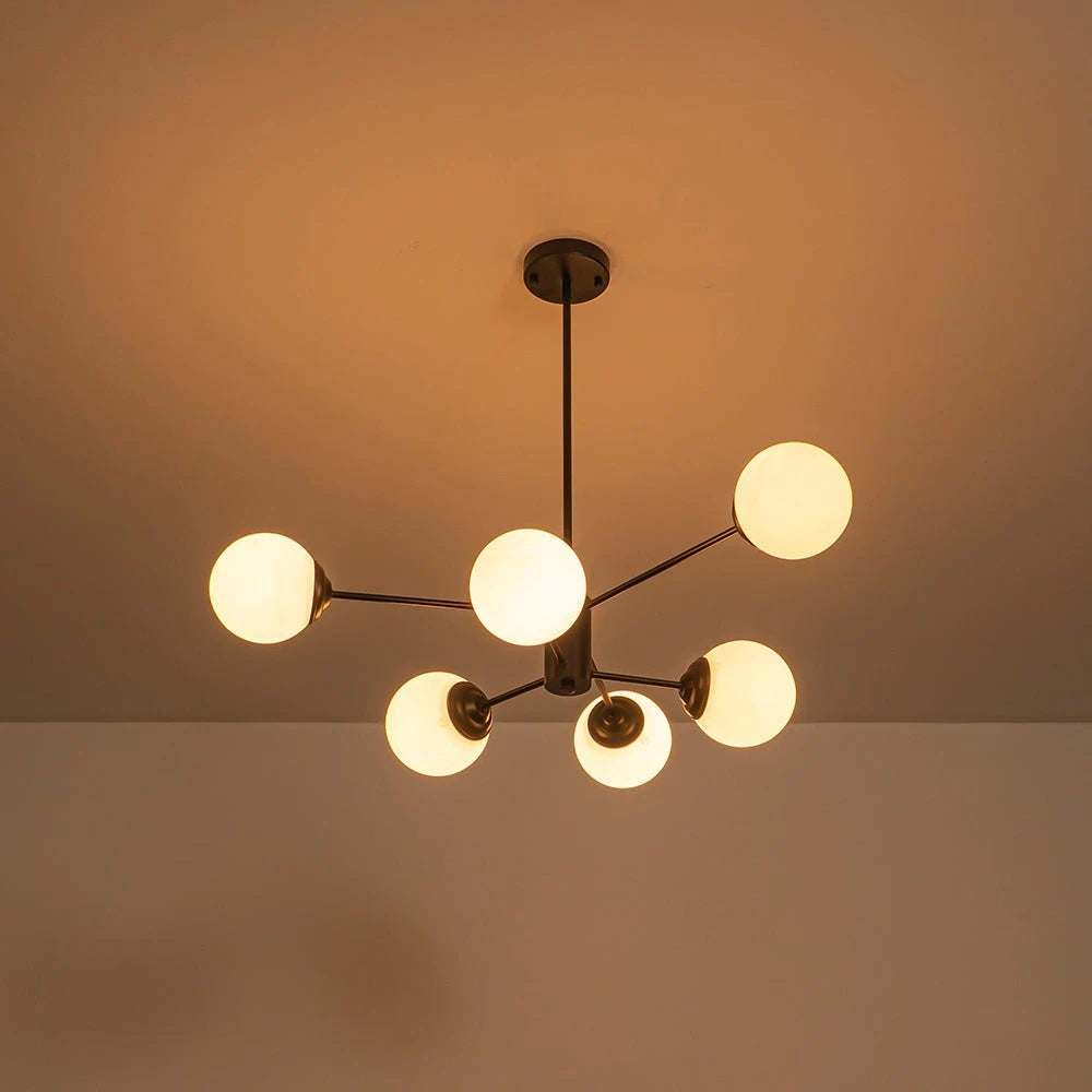 Modern Milky White Glass Bubble Chandelier Opal Glass Globe Sputnik Pendant Light with Black Metal Frame