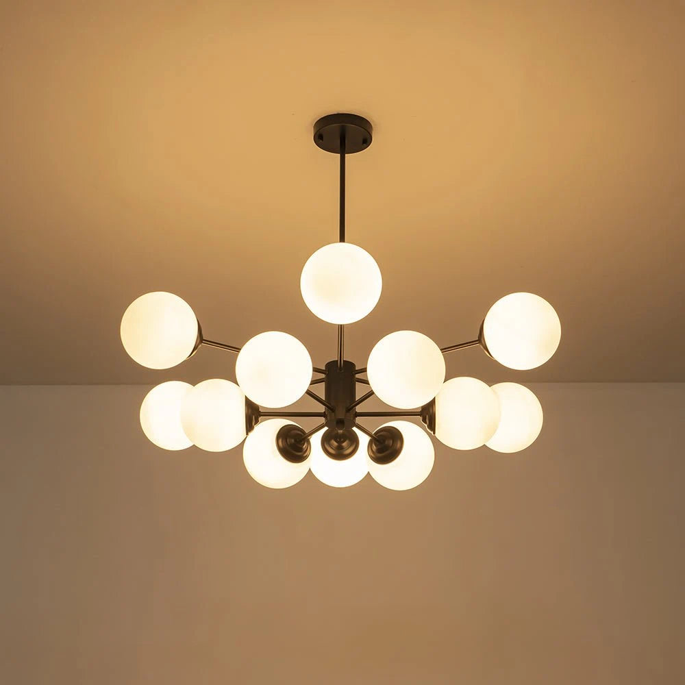 Modern Milky White Glass Bubble Chandelier Opal Glass Globe Sputnik Pendant Light with Black Metal Frame