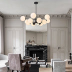 Modern Milky White Glass Bubble Chandelier Opal Glass Globe Sputnik Pendant Light with Black Metal Frame