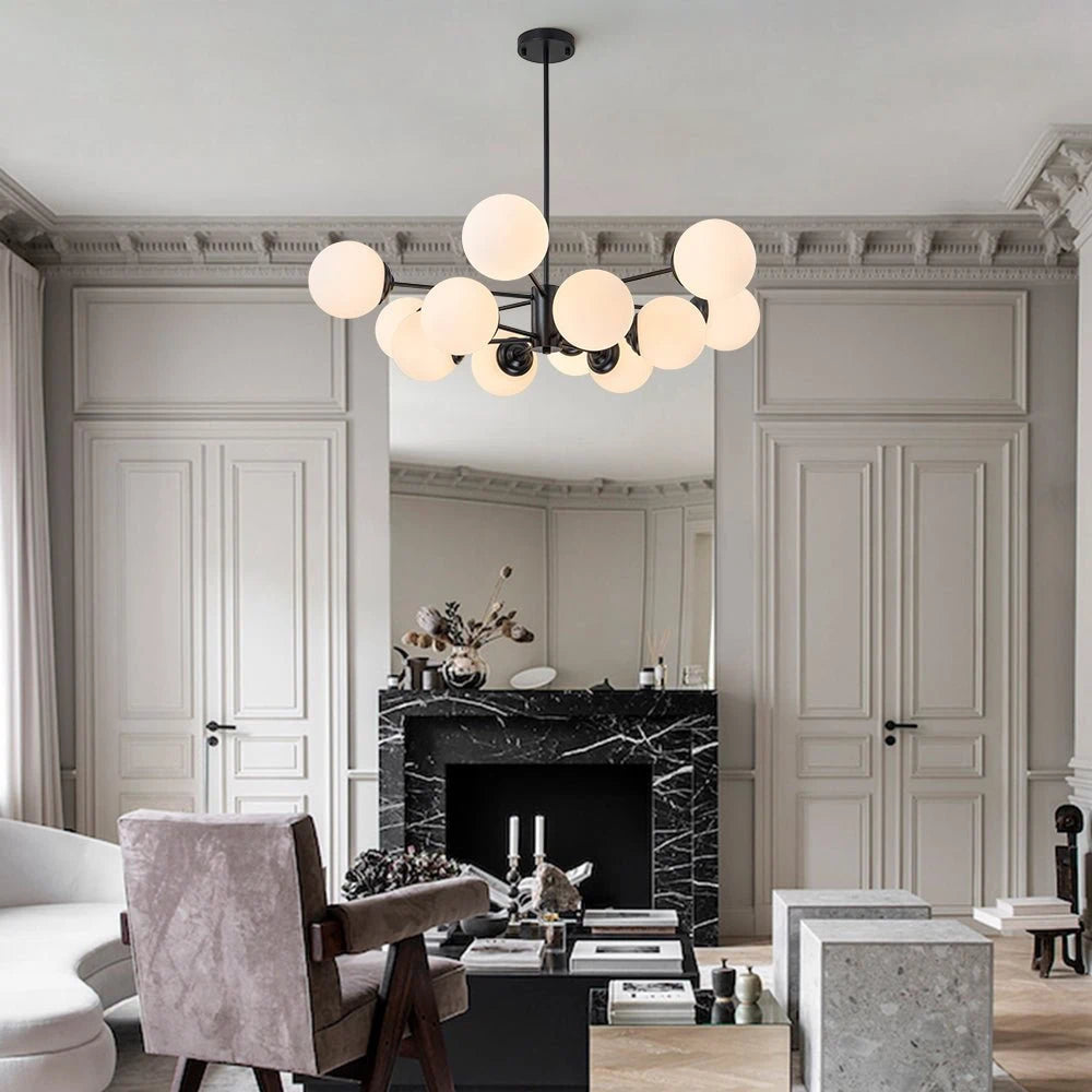 Modern Milky White Glass Bubble Chandelier Opal Glass Globe Sputnik Pendant Light with Black Metal Frame