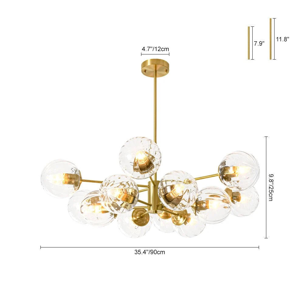 12-Light Ribbed Glass Glob Sputnik Chandelier Glold Ransparent Glass Bubble Pendant Light For for Dining Living