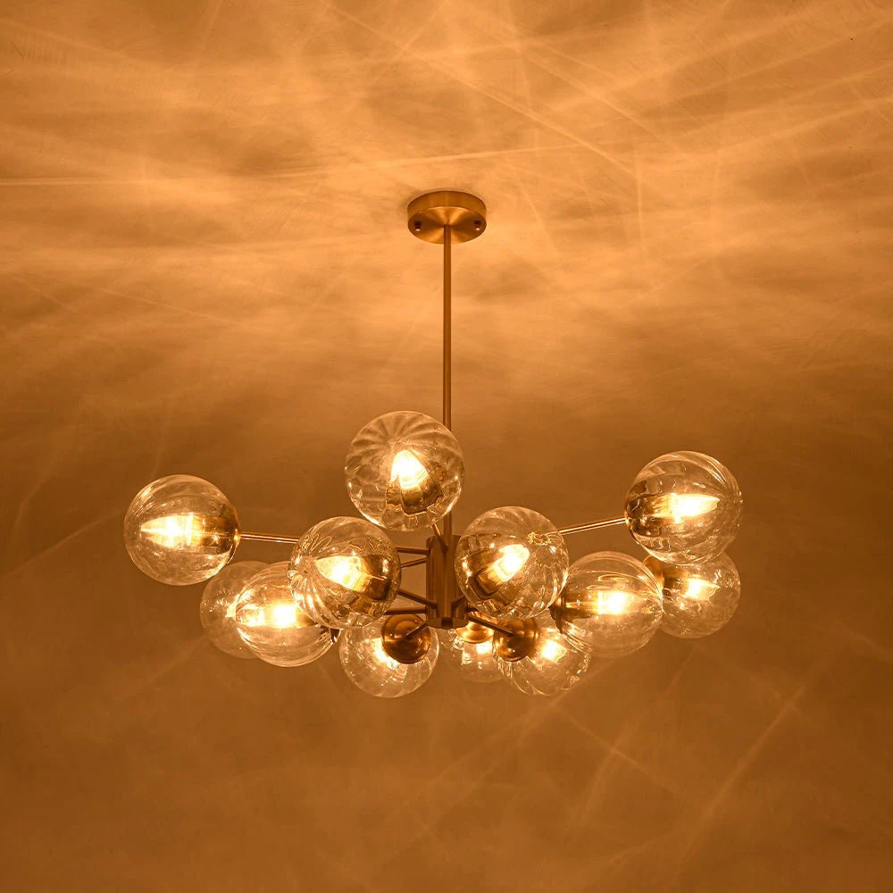 12-Light Ribbed Glass Glob Sputnik Chandelier Glold Ransparent Glass Bubble Pendant Light For for Dining Living