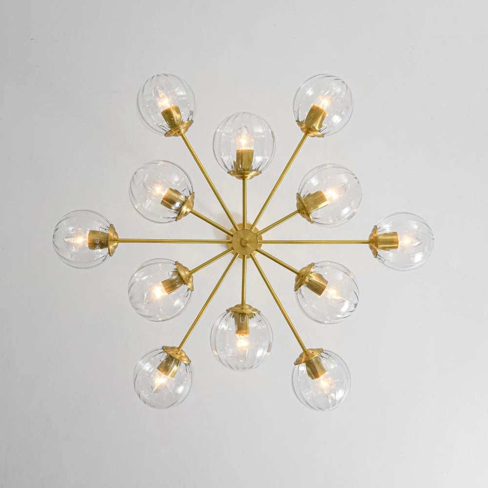 12-Light Ribbed Glass Glob Sputnik Chandelier Glold Ransparent Glass Bubble Pendant Light For for Dining Living