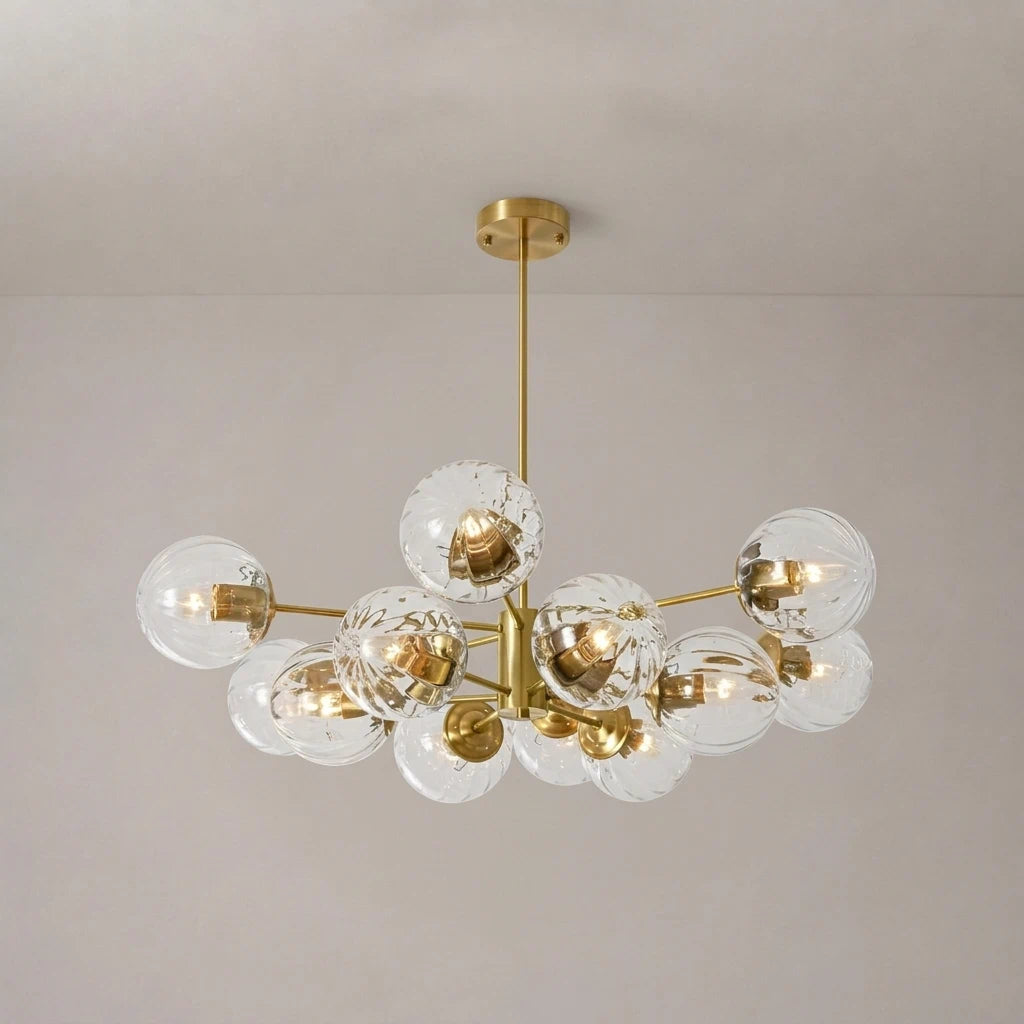 12-Light Ribbed Glass Glob Sputnik Chandelier Glold Ransparent Glass Bubble Pendant Light For for Dining Living