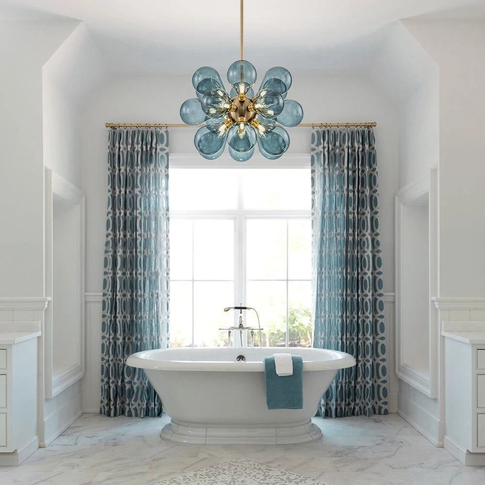 Modern Blue Glass Bubble Chandelier 18-Light Cluster Glass Ball  Chandelier with Gold Metal Frame