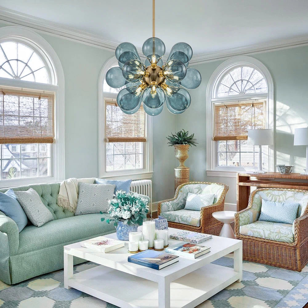 Modern Blue Glass Bubble Chandelier 18-Light Cluster Glass Ball  Chandelier with Gold Metal Frame