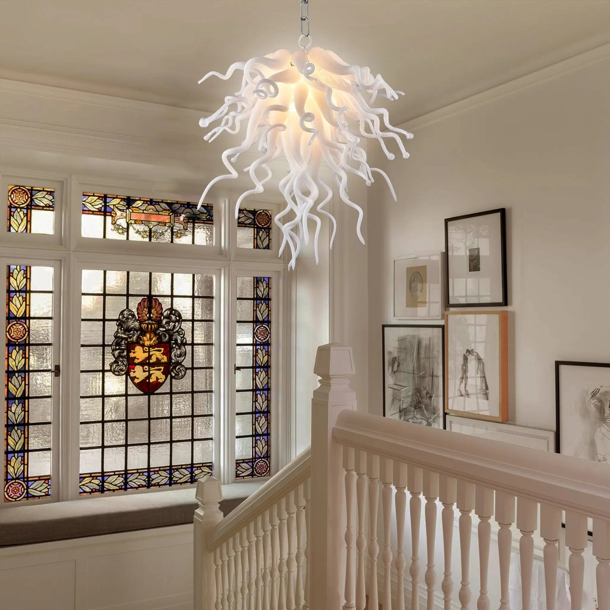 Modern Hand Blown White Glass Chandelier Artistic Sculptural Pendant Light for Luxury Interiors