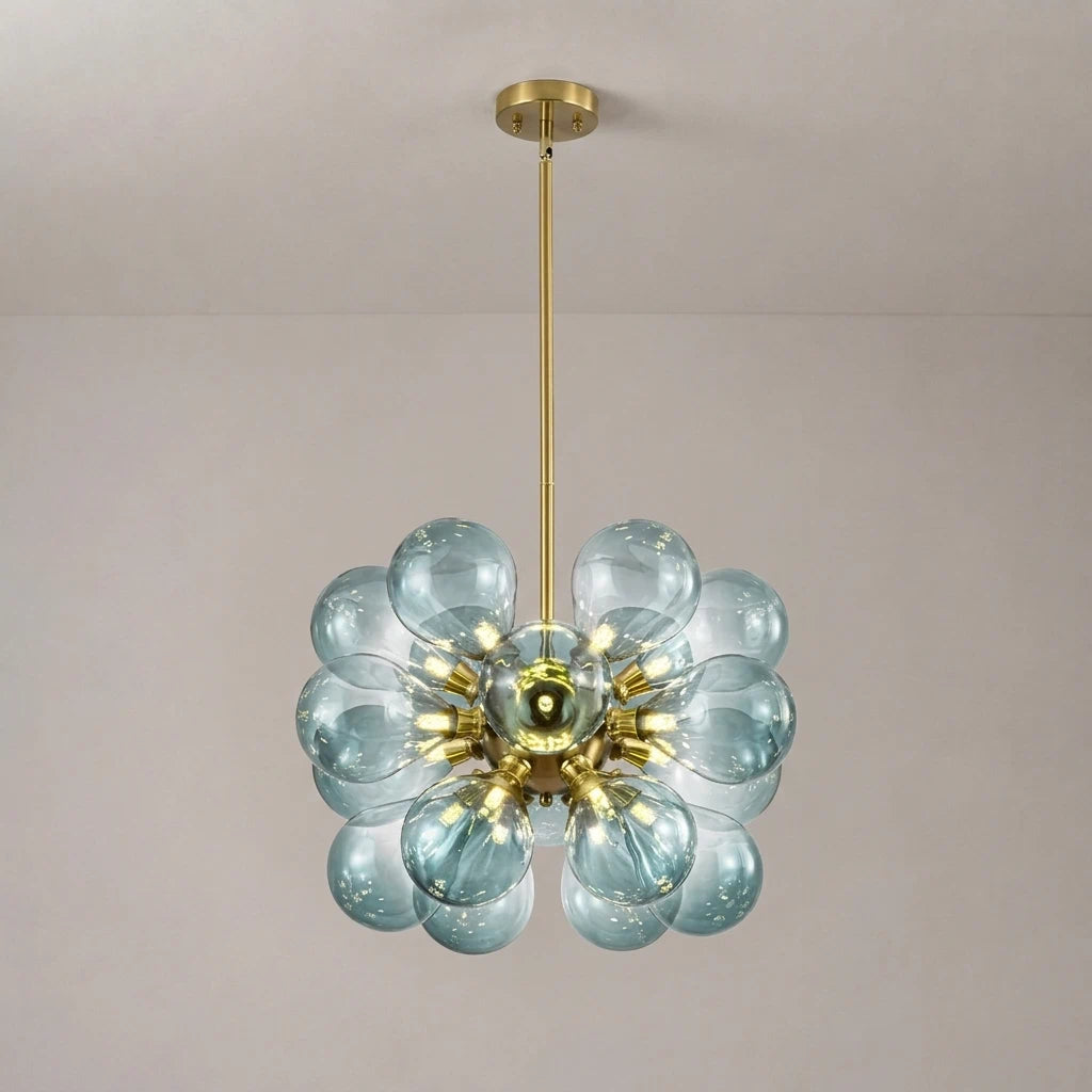 Modern Gradual Blue Glass Bubble Chandelier 18-Light Cluster Glass Ball Pendant Light with Gold Metal Frame