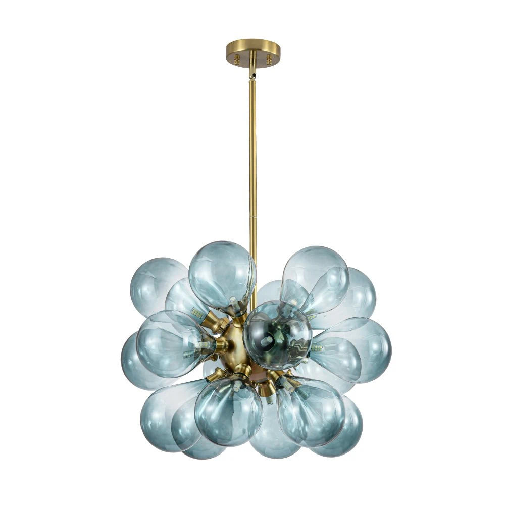 Modern Gradual Blue Glass Bubble Chandelier 18-Light Cluster Glass Ball Pendant Light with Gold Metal Frame