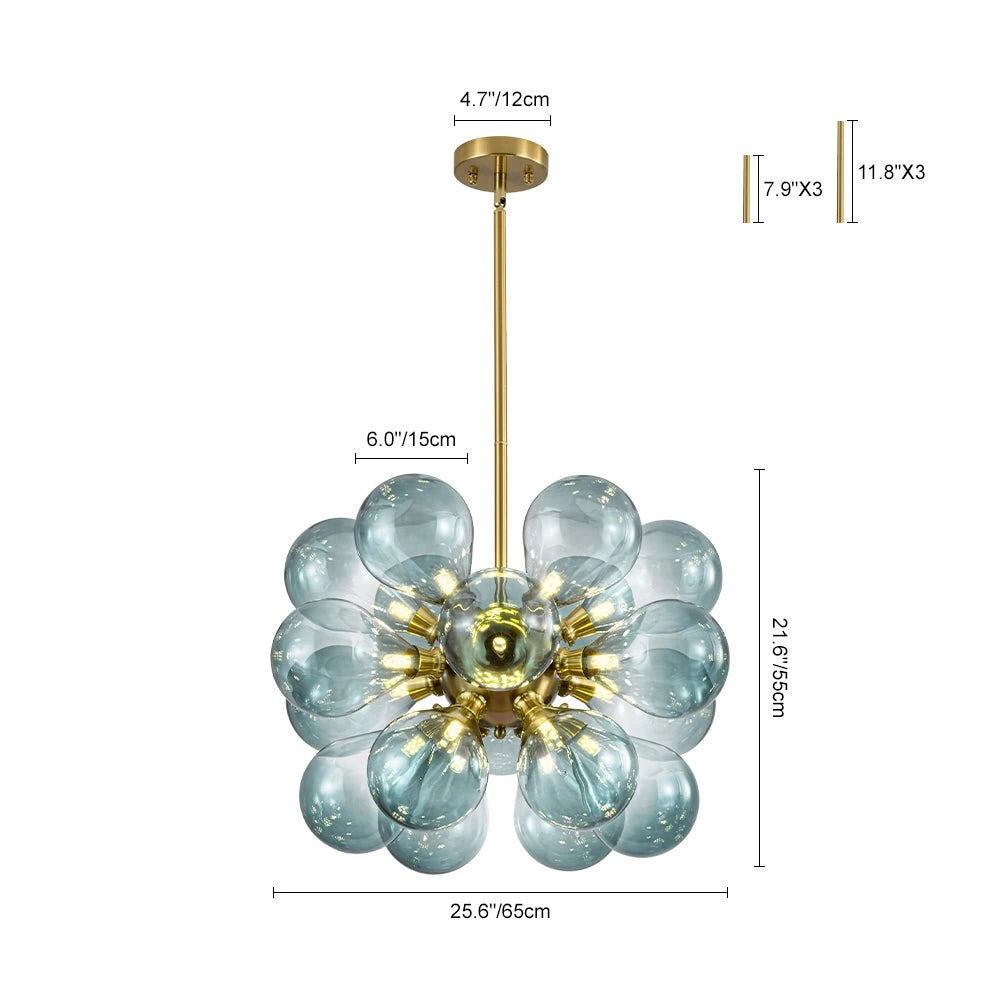 Modern Gradual Blue Glass Bubble Chandelier 18-Light Cluster Glass Ball Pendant Light with Gold Metal Frame
