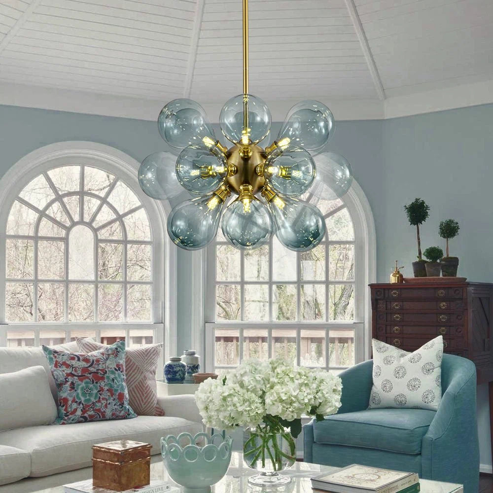 Modern Gradual Blue Glass Bubble Chandelier 18-Light Cluster Glass Ball Pendant Light with Gold Metal Frame