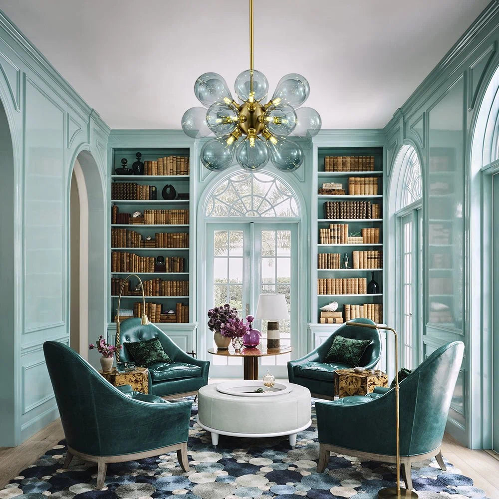 Modern Gradual Blue Glass Bubble Chandelier 18-Light Cluster Glass Ball Pendant Light with Gold Metal Frame