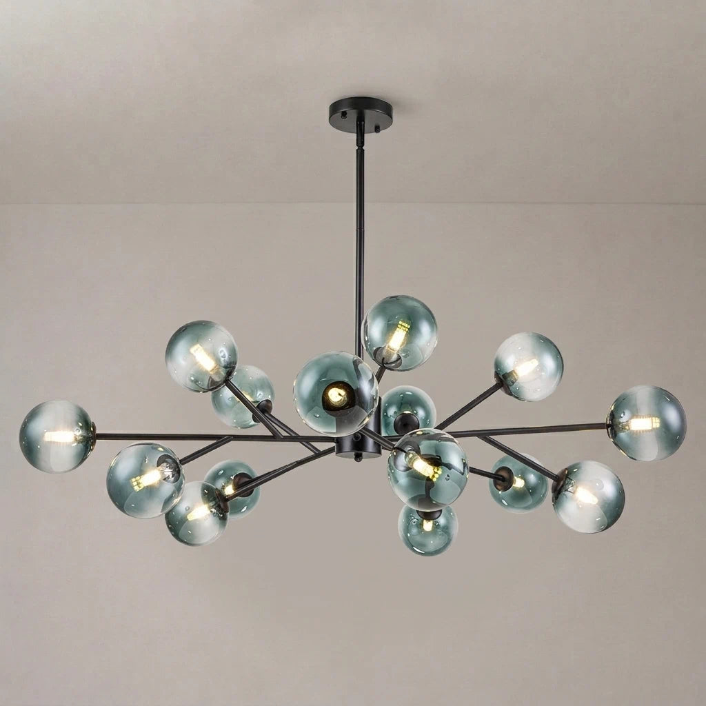15-Light Branching Sputnik Glass Globe Chandelier Mid-Century modern Blue Clear Bubble Pendant Light