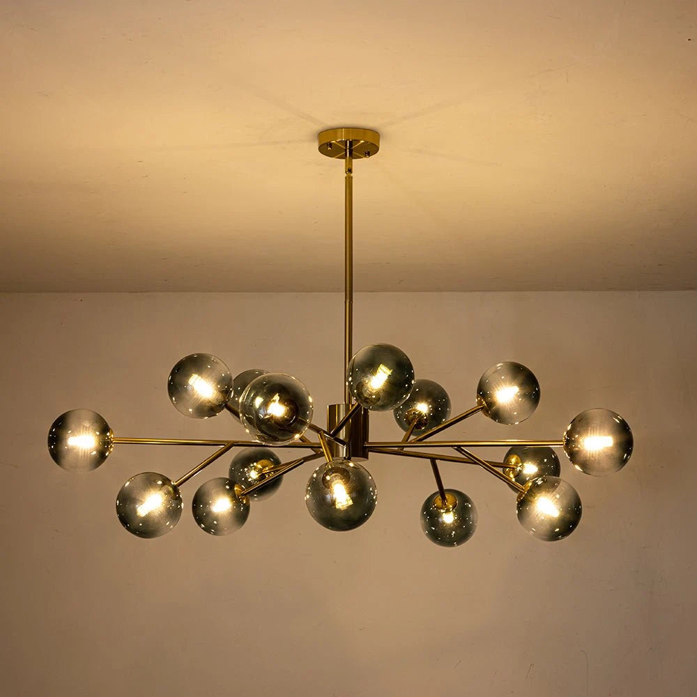15-Light Branching Sputnik Glass Globe Chandelier Mid-Century modern Blue Clear Bubble Pendant Light