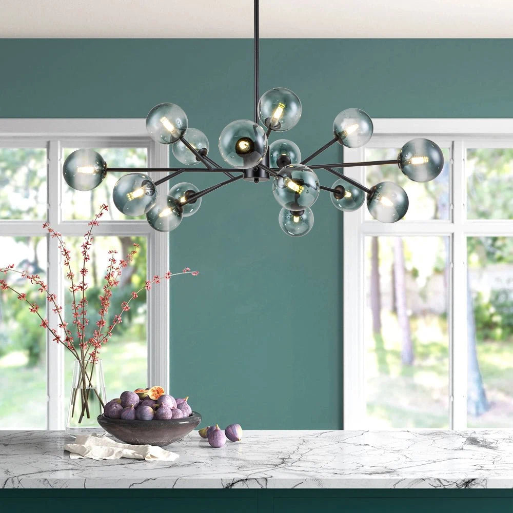 15-Light Branching Sputnik Glass Globe Chandelier Mid-Century modern Blue Clear Bubble Pendant Light