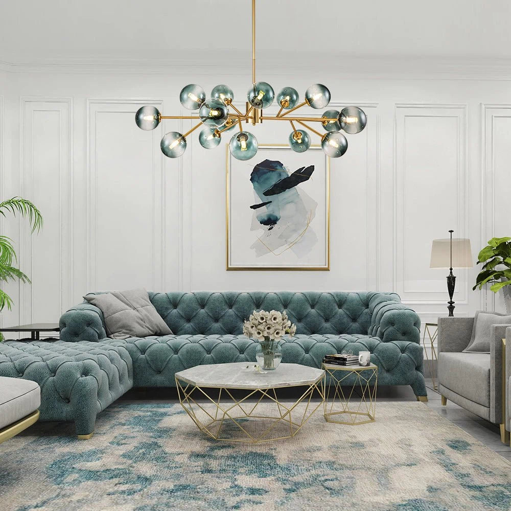 15-Light Branching Sputnik Glass Globe Chandelier Mid-Century modern Blue Clear Bubble Pendant Light