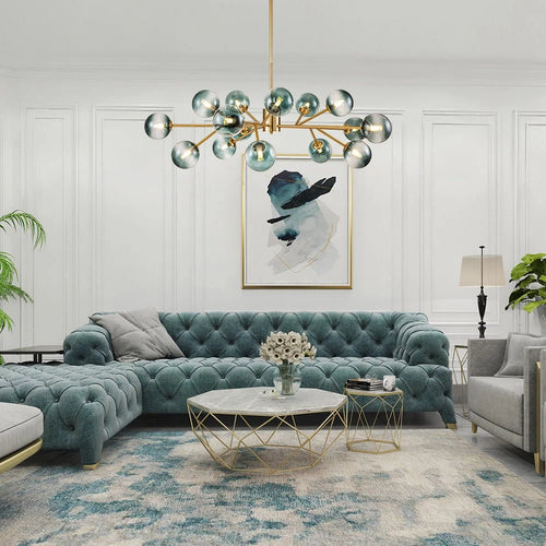 15-Light Branching Sputnik Glass Globe Chandelier Mid-Century modern Blue Clear Bubble Pendant Light