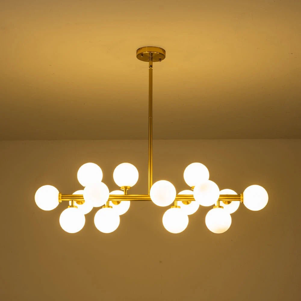 16-Light Opal Glass Globe Linear Sputnik Chandelier Mid-Century Modern Milky White Bubble Pendant Light