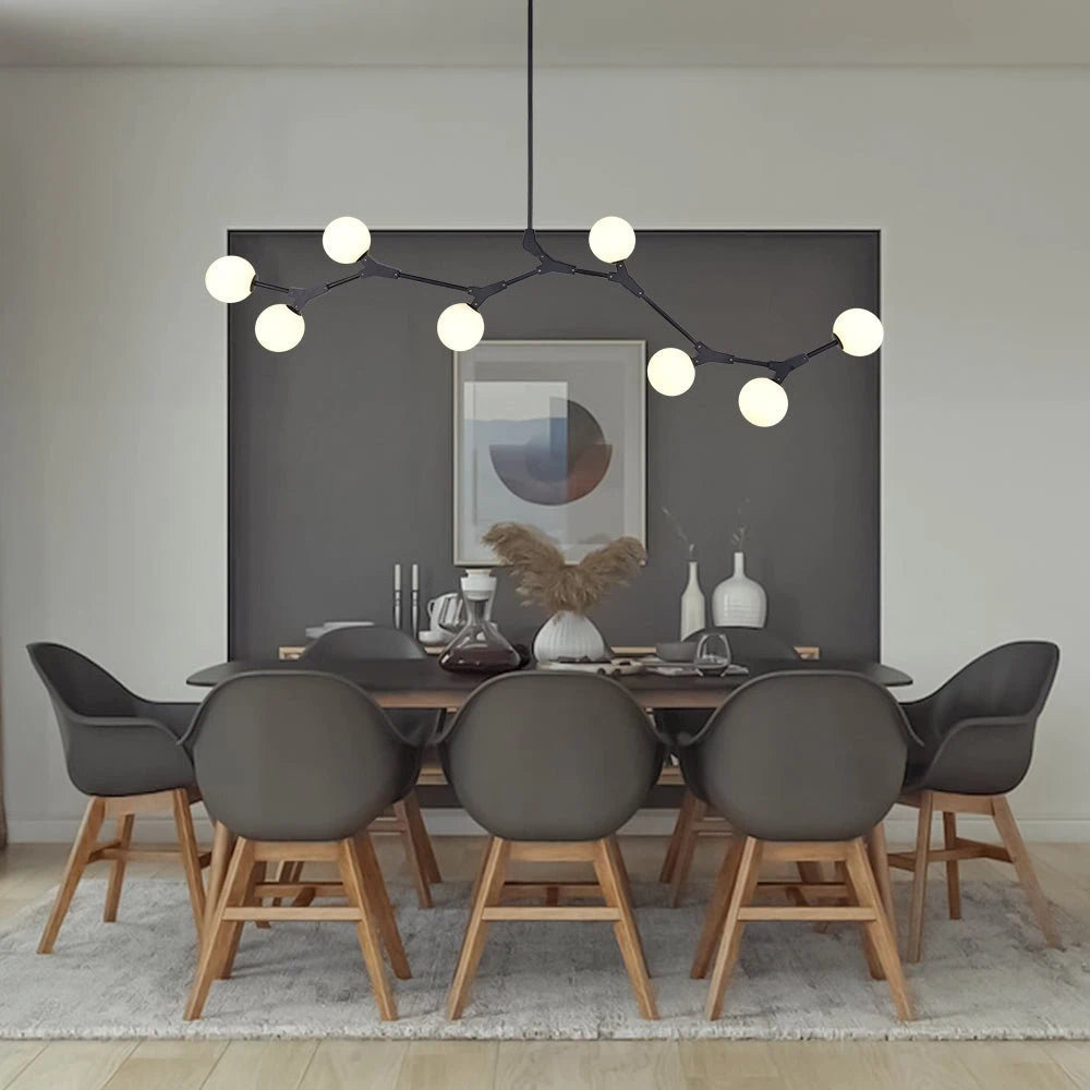 Mid-Century Modern Linear Branching Bubble Chandelier Opal Glass Globes Pendant Light