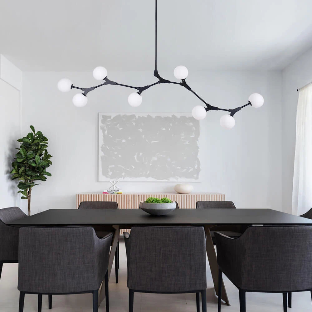 Mid-Century Modern Linear Branching Bubble Chandelier Opal Glass Globes Pendant Light
