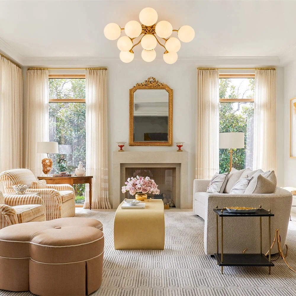 Frosted Glass Globe Semi Flush Mount Chandelier Mid-Century Modern Sputnik Opal Glass Ceiling Light