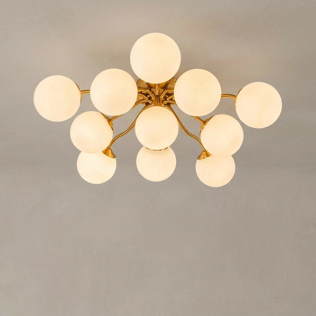 Frosted Glass Globe Semi Flush Mount Chandelier Mid-Century Modern Sputnik Opal Glass Ceiling Light
