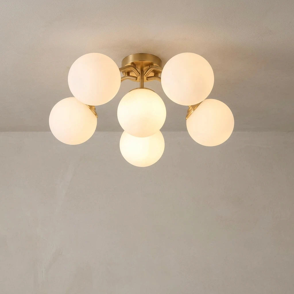 Frosted Glass Globe Semi Flush Mount Chandelier Mid-Century Modern Sputnik Opal Glass Ceiling Light