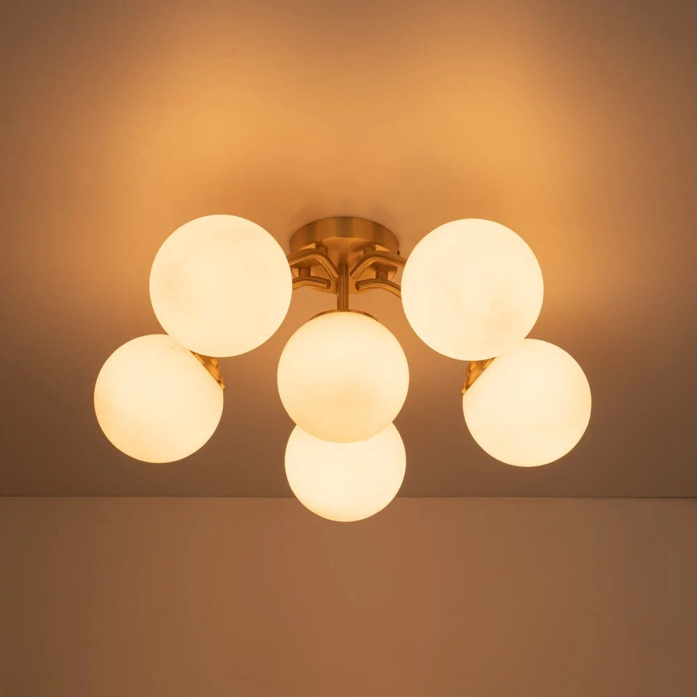 Frosted Glass Globe Semi Flush Mount Chandelier Mid-Century Modern Sputnik Opal Glass Ceiling Light