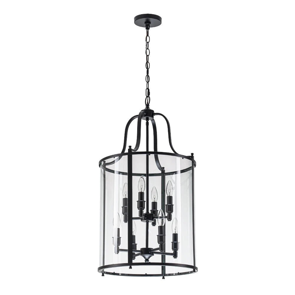 Farmhouse Black Cage Pendant Light Multi-Light Candle Design Chandelier with Clear Glass Cylinder
