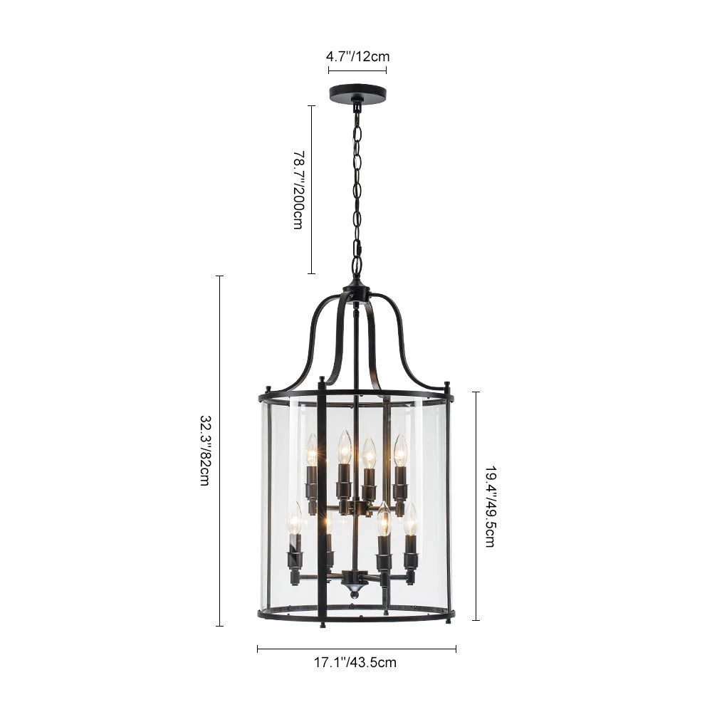 Farmhouse Black Cage Pendant Light Multi-Light Candle Design Chandelier with Clear Glass Cylinder