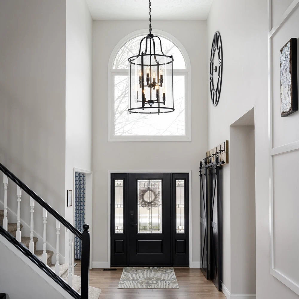 Farmhouse Black Cage Pendant Light Multi-Light Candle Design Chandelier with Clear Glass Cylinder