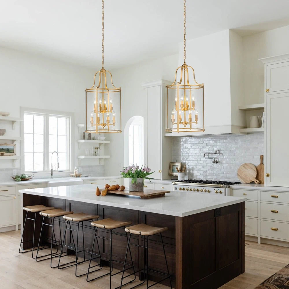 Farmhouse Black Cage Pendant Light Multi-Light Candle Design Chandelier with Clear Glass Cylinder