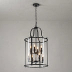 Farmhouse Black Cage Pendant Light Multi-Light Candle Design Chandelier with Clear Glass Cylinder