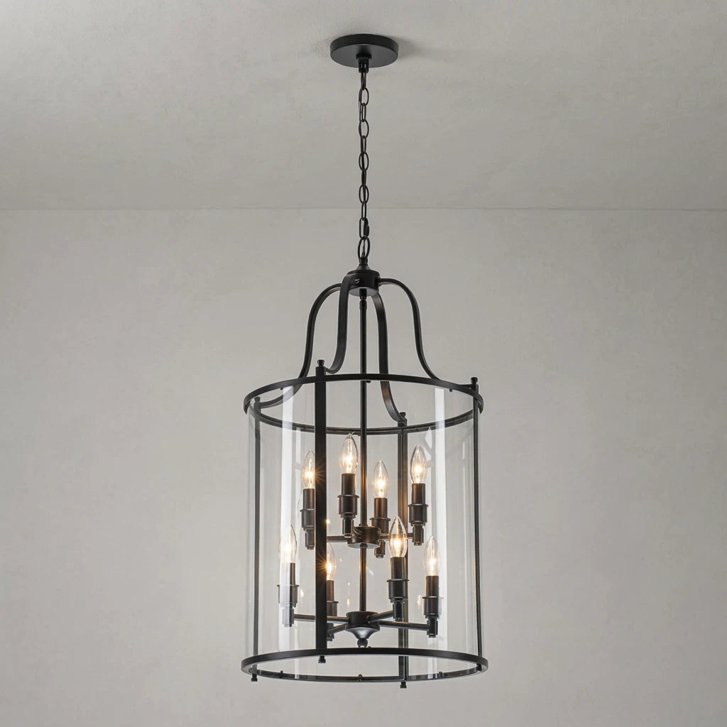 Farmhouse Black Cage Pendant Light Multi-Light Candle Design Chandelier with Clear Glass Cylinder