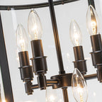 Farmhouse Black Cage Pendant Light Multi-Light Candle Design Chandelier with Clear Glass Cylinder