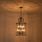 Farmhouse Black Cage Pendant Light Multi-Light Candle Design Chandelier with Clear Glass Cylinder