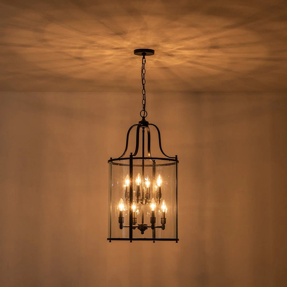 Farmhouse Black Cage Pendant Light Multi-Light Candle Design Chandelier with Clear Glass Cylinder