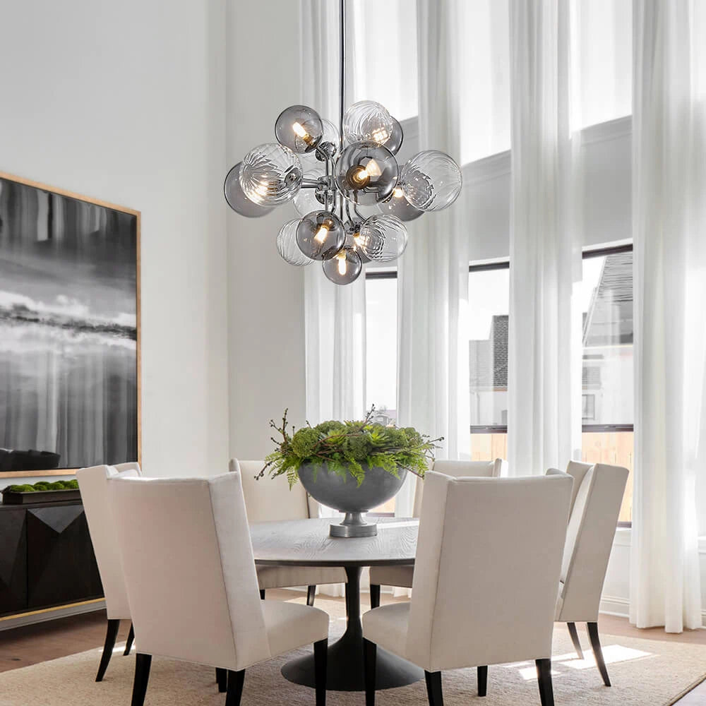 Large Cluster Bubble Chandelier Smoke Glass and Swirl Ribbed Glass Globes Pendant Light