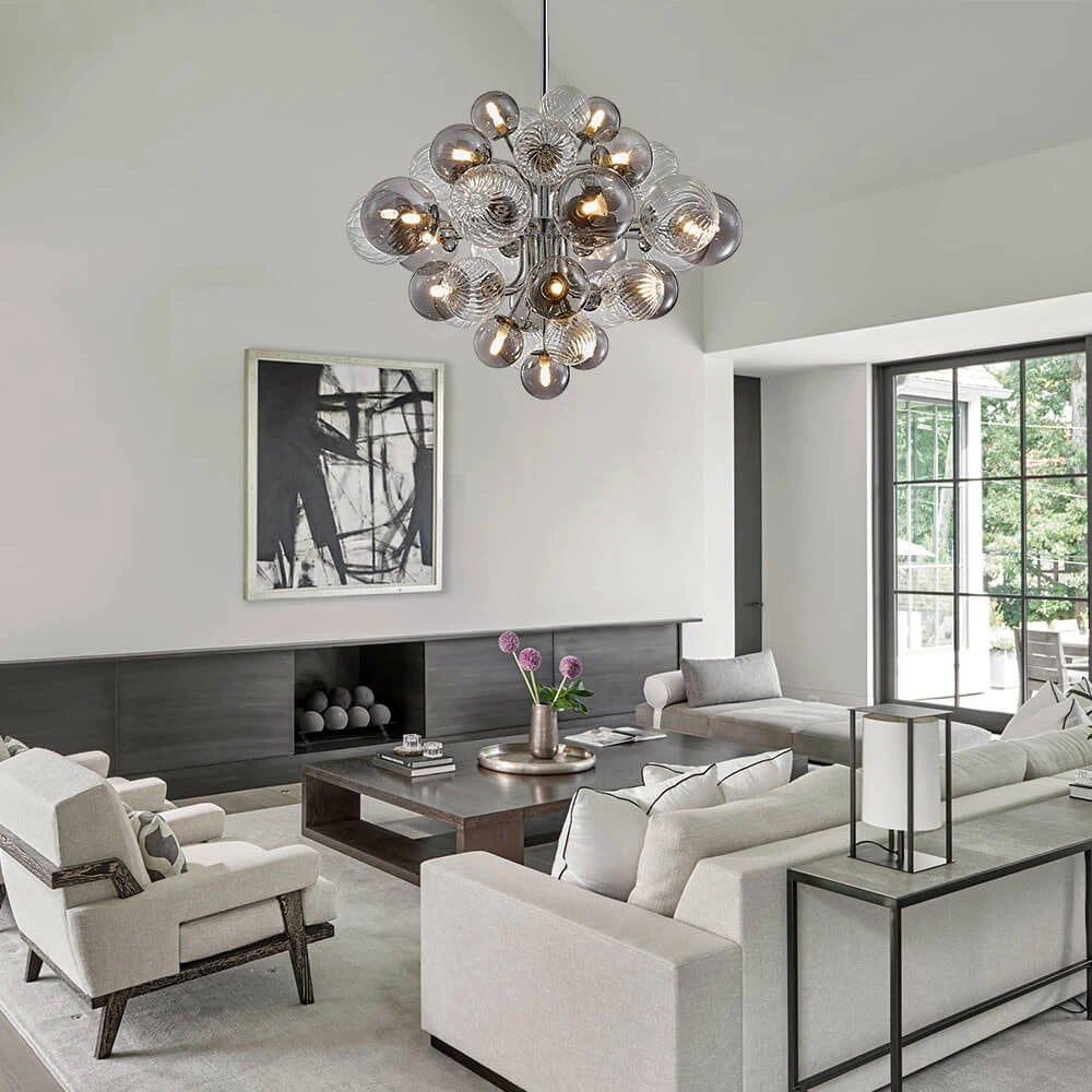 Large Cluster Bubble Chandelier Smoke Glass and Swirl Ribbed Glass Globes Pendant Light