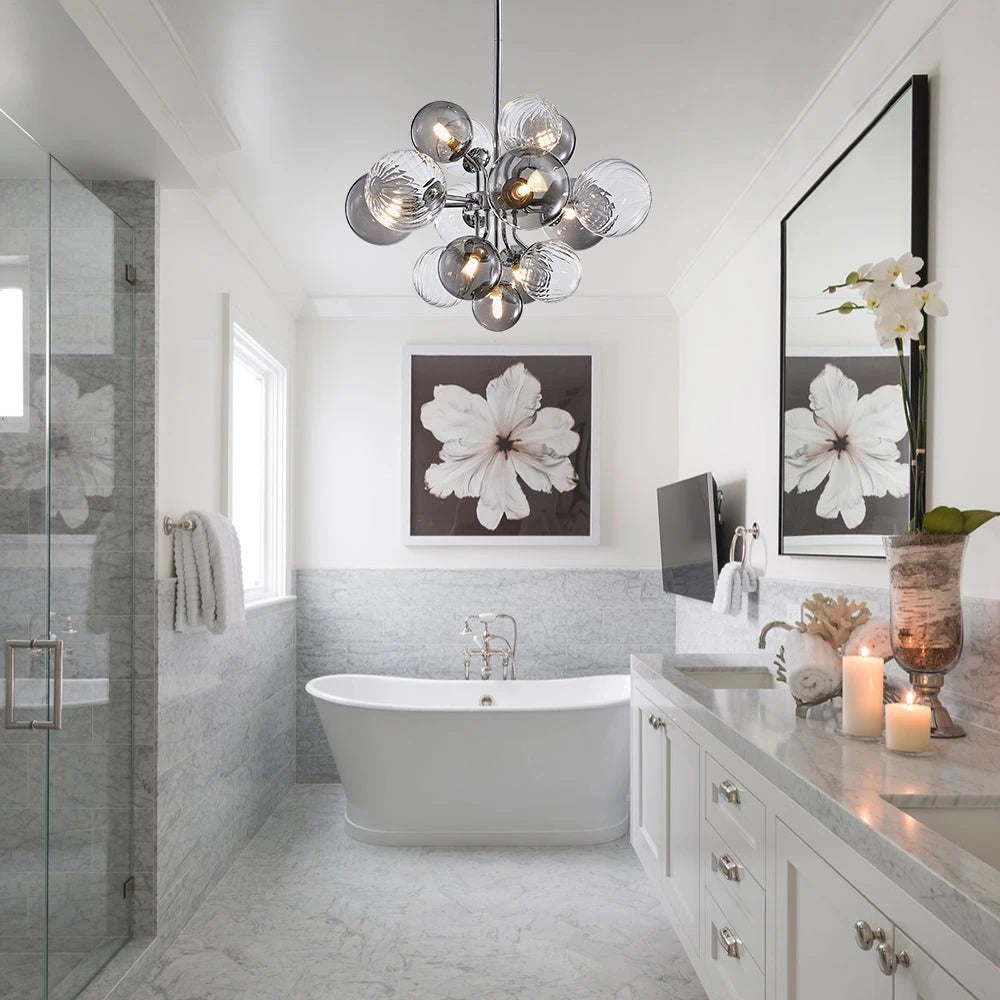 Large Cluster Bubble Chandelier Smoke Glass and Swirl Ribbed Glass Globes Pendant Light