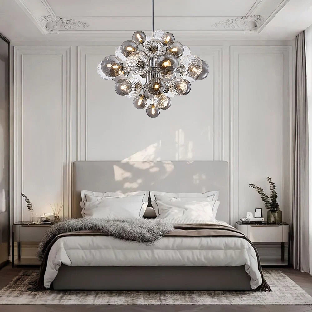 Large Cluster Bubble Chandelier Smoke Glass and Swirl Ribbed Glass Globes Pendant Light