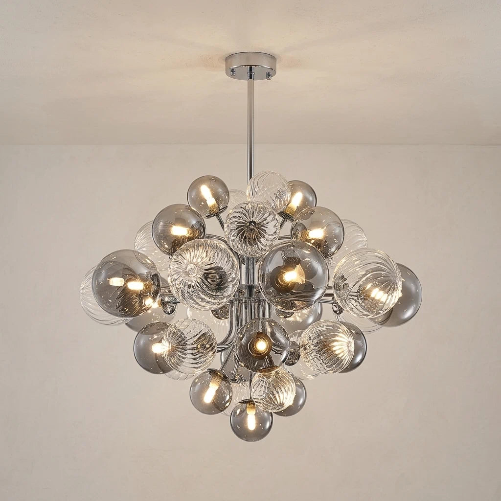 Large Cluster Bubble Chandelier Smoke Glass and Swirl Ribbed Glass Globes Pendant Light